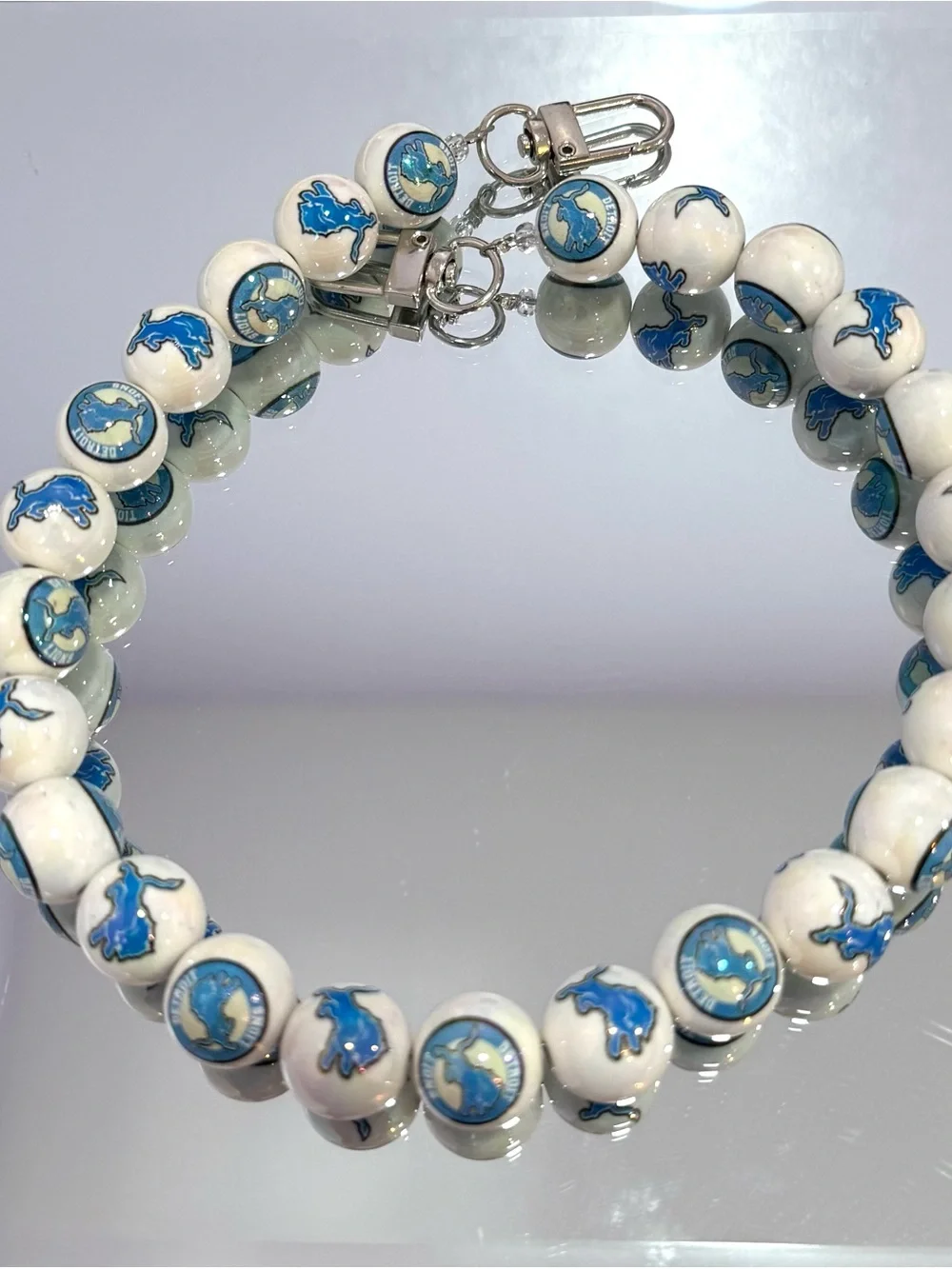 New White and Blue Beaded Lion Bag Chain 18 inches